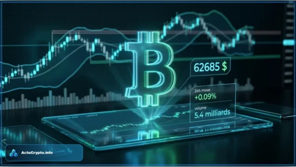 Symbole Bitcoin lumineux au-dessus d'un graphique financier affichant le prix de 62 685 dollars