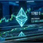 Écran numérique montrant l'analyse technique du prix de l'Ethereum à 1 782 dollars avec des graphiques de trading
