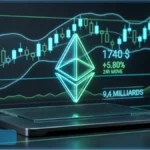 Graphique d'analyse technique montrant le logo Ethereum lumineux avec le prix à 1 740 dollars et une hausse de 5,80 pourcents