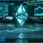 Tableau de bord de trading affichant le prix de l'Ethereum à 1790 dollars et des graphiques d'analyse technique