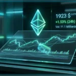 Ecran holographique affichant le logo Ethereum et un graphique de trading avec le prix a 1923 dollars