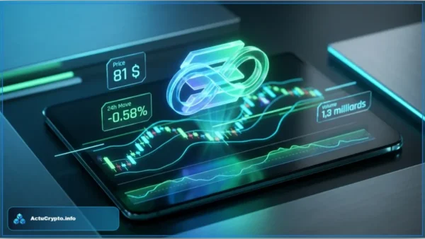Graphique virtuel montrant le logo Solana avec un prix de 81 dollars et des courbes d'analyse technique