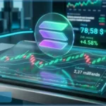 Graphique holographique montrant l'analyse technique du Solana avec un prix de 78,58 dollars et une tendance haussière