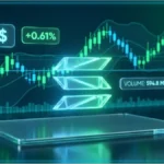 Graphique de trading affichant le logo Solana en 3D avec un prix de 76 dollars et des indicateurs de volume