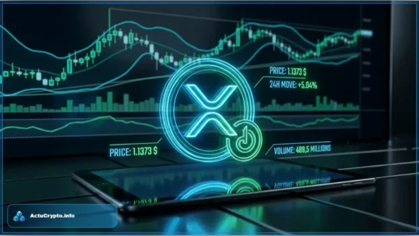 Logo XRP lumineux sur fond de graphiques financiers affichant un prix de 1,137 dollar