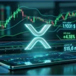Logo XRP lumineux au-dessus d'un graphique financier affichant un prix de 1,10 dollar et une hausse de 4,18 pourcents