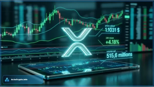 Logo XRP lumineux au-dessus d'un graphique financier affichant un prix de 1,10 dollar et une hausse de 4,18 pourcents