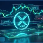 Logo XRP lumineux en 3D devant un graphique de trading affichant le prix à 1,0788 dollar