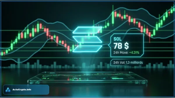 Graphique d'analyse technique de la crypto Solana affichant le prix du SOL en hausse sur une interface de trading