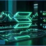 Logo 3D de Solana en vert néon sur un écran de trading affichant un prix de 82 dollars et des graphiques d'analyse technique