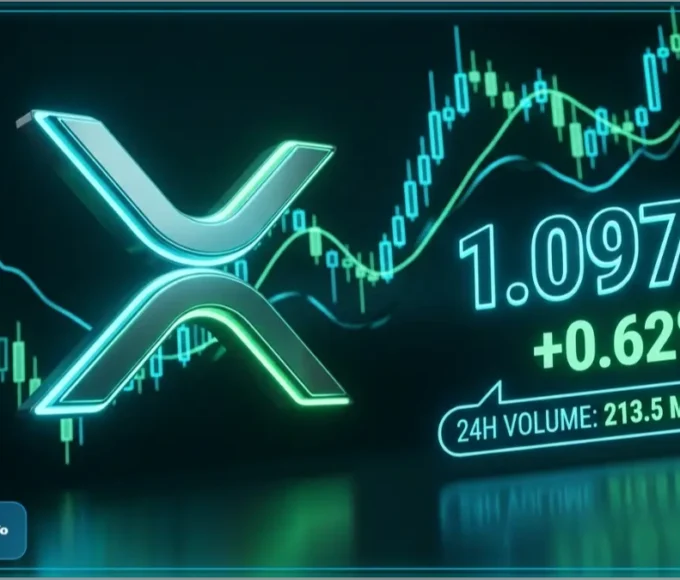 Logo XRP en 3D devant un graphique boursier affichant le prix de 1,097 dollar