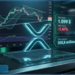 Graphique de trading et logo XRP illustrant la consolidation du prix sous 1,11 dollar