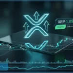 Logo XRP lumineux au-dessus de graphiques de trading affichant un prix de 1,056 dollar