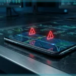 Un smartphone affichant Apple Maps avec des alertes rouges symbolisant le blocage des publicités pour les cryptomonnaies