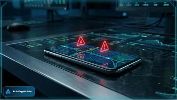 Un smartphone affichant Apple Maps avec des alertes rouges symbolisant le blocage des publicités pour les cryptomonnaies