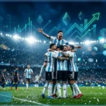 Joueurs argentins célébrant la victoire du match Argentine Cap-Vert avec des graphiques crypto en hausse
