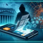 Smartphone avec écran fissuré affichant un logo Bitcoin, illustrant une arnaque crypto sur l'App Store d'Apple.