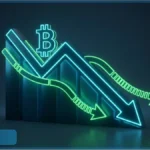 Graphique financier descendant en néon avec le logo Bitcoin illustrant les sorties des ETF crypto