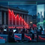 Graphique boursier en baisse avec des courbes rouges dans une salle de marché illustrant le recul du CAC 40