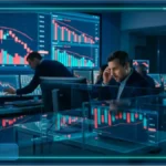 Trader inquiet devant des écrans affichant des graphiques boursiers en baisse illustrant le recul du CAC 40