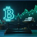 Balance vintage comparant un logo Bitcoin en néon et un ticket de bourse, symbolisant l'épargne Bitcoin face aux actions.