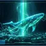 Illustration futuriste d'une baleine lumineuse nageant parmi des graphiques boursiers et des blocs numeriques, symbolisant une baleine Bitcoin.