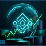 Logo lumineux de Binance avec le chiffre 9 et une courbe ascendante illustrant ses 9 ans et 323 millions d'utilisateurs