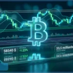 Graphique technique du cours Bitcoin affichant 58 540 dollars avec des indicateurs de marché crypto et des bougies japonaises
