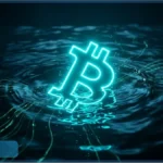 Logo Bitcoin lumineux entouré de graphiques baissiers