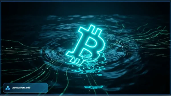 Logo Bitcoin lumineux entouré de graphiques baissiers