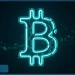 Logo Bitcoin en néon bleu fissuré représentant le test de stress pour Strategy face à la baisse du marché crypto