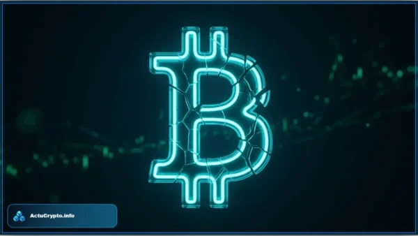 Logo Bitcoin en néon bleu fissuré représentant le test de stress pour Strategy face à la baisse du marché crypto