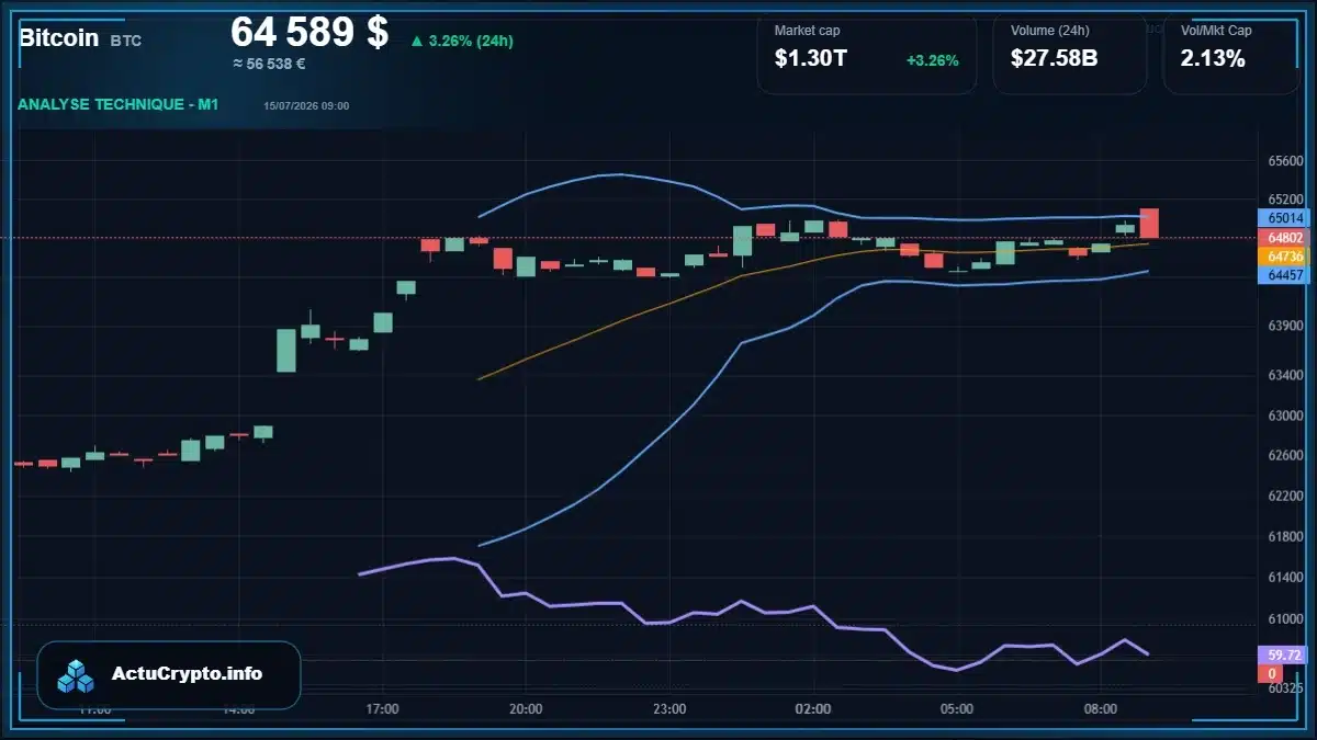 Graphique du cours Bitcoin (BTC) Analyse technique du cours Bitcoin (BTC) avec données de marché récentes