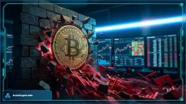 Pièce Bitcoin dorée brisant un mur de briques avec une vague rouge de liquidations et écrans de trading en arrière-plan.