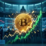 Symbole du Bitcoin en hausse avec des graphiques boursiers verts dans une salle de marché