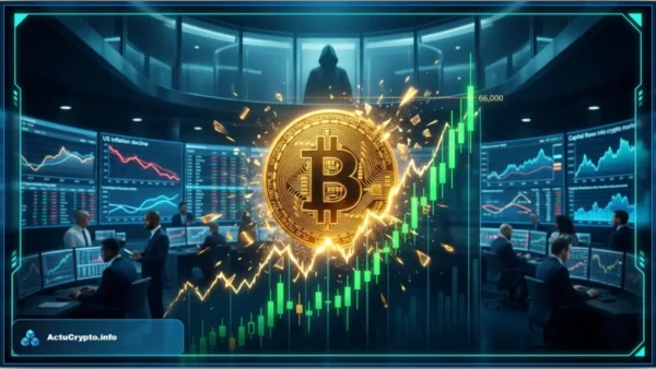 Symbole du Bitcoin en hausse avec des graphiques boursiers verts dans une salle de marché