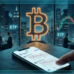Un trader observe les données de Bitcoin et Ethereum sur des écrans lumineux