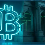 Logo Bitcoin lumineux percutant un bâtiment de banque traditionnelle illustrant l'adoption institutionnelle