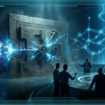 Coffre-fort numérique représentant Bitcoin attaqué par des lasers verts symbolisant la menace quantique sous le regard d'experts financiers