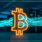 Symbole Bitcoin résistant à des flux de données dans un environnement de serveurs sombres.