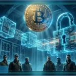 Logo Bitcoin lumineux heurtant un réseau numérique vert illustrant la controverse du soft fork BIP-110 critiqué par Michael Saylor