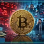 Symbole Bitcoin en 3D résistant à une chute des marchés