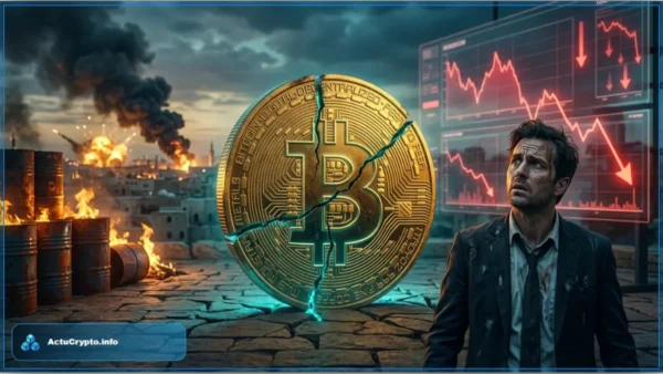 Traders dans une salle de marché analysant les graphiques du Bitcoin suite aux tensions au Moyen-Orient
