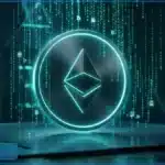 Rendu 3D cinématique d'un logo Ethereum lumineux en vert crypto et bleu cyan, symbolisant l'accumulation massive d'ETH par la baleine institutionnelle BitMine et l'essor du staking sur Robinhood Chain.