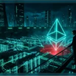 Logo Ethereum lumineux dans un environnement futuriste illustrant l'accumulation d'ETH par Bitmine