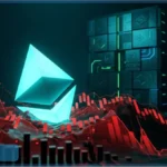 Logo Ethereum lumineux entouré de graphiques rouges en baisse et de serveurs illustrant les pertes de BitMine