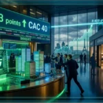 Salle de marché financière avec des écrans affichant des chiffres verts en hausse et une statue de taureau, illustrant le rebond du CAC 40.