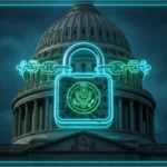 Le Capitole des États-Unis entouré d'une chaîne et d'un cadenas lumineux vert avec le sceau américain, symbolisant la régulation des cryptomonnaies par le CLARITY Act.