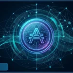 Logo lumineux de la cryptomonnaie Cardano ADA au centre d'un réseau blockchain futuriste bleu