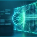 Logo Cardano lumineux traversant une grille numerique representant une resistance technique